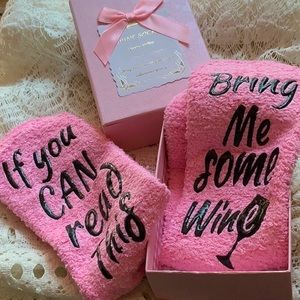 Pink Cozy Socks - Slippers - Bring Me Some Wine - NWOT - Pink Gift Box - Message